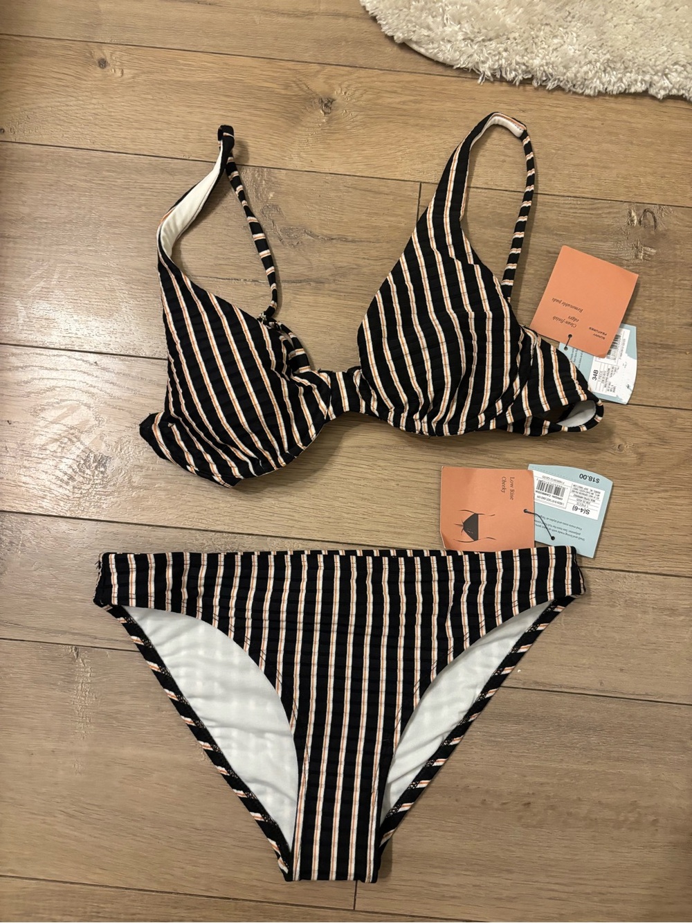 Shade & Shore Black & Cream Striped Bikini Top 34B with matching bottoms small